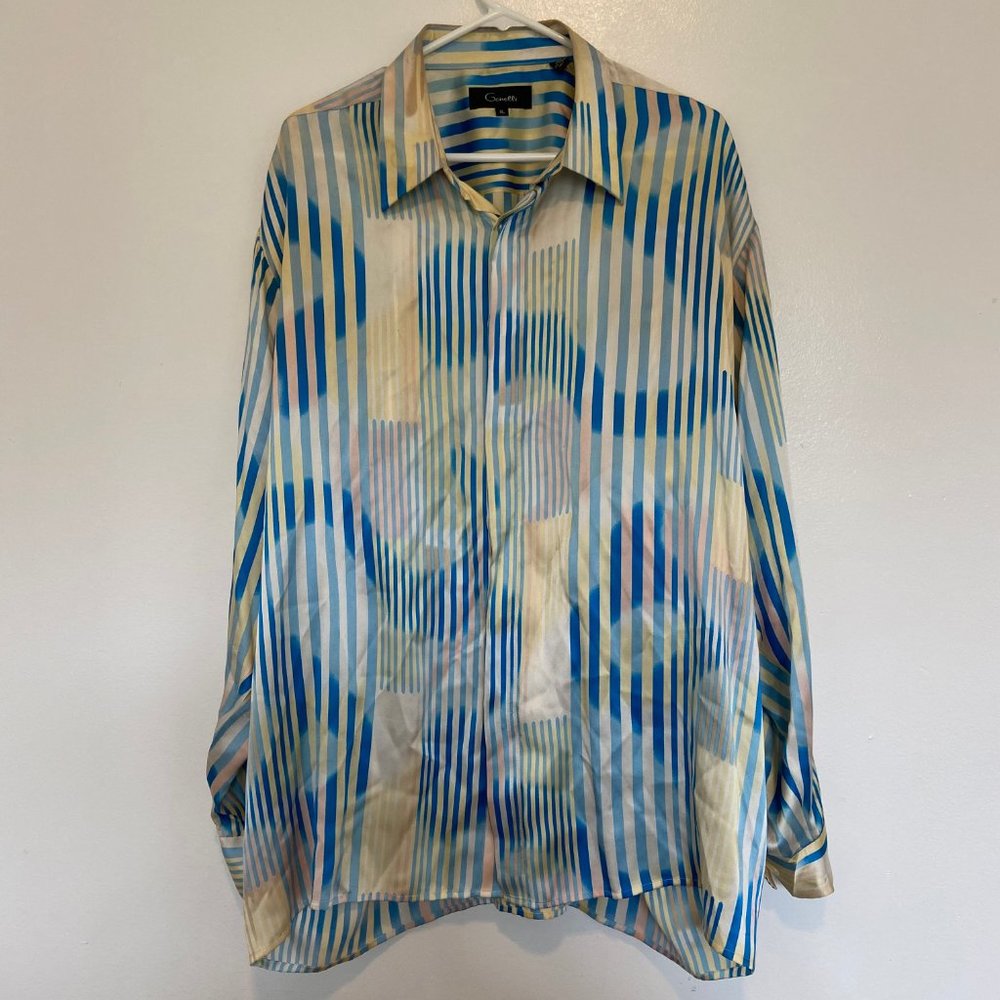 Vintage Genelli 100% Silk Shirt Mens XL Colorful Stripe Long Sleeve Button Up